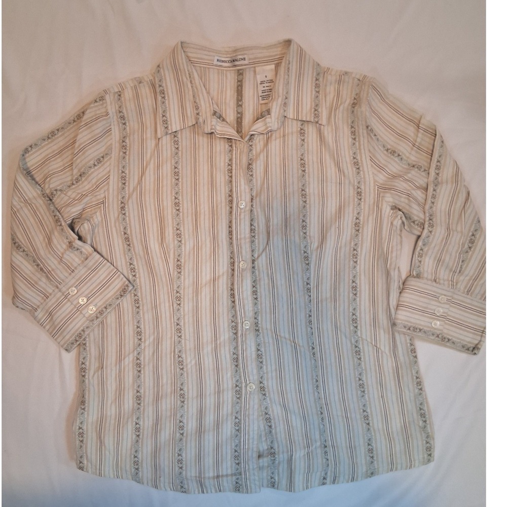 Rebecca Malone Womens Small Cotton Boho Floral Stripe Button Up Blouse Y2K Tan